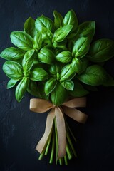 Fresh basil bouquet with ribbon on dark background highlighting vibrant green aromatic leaves