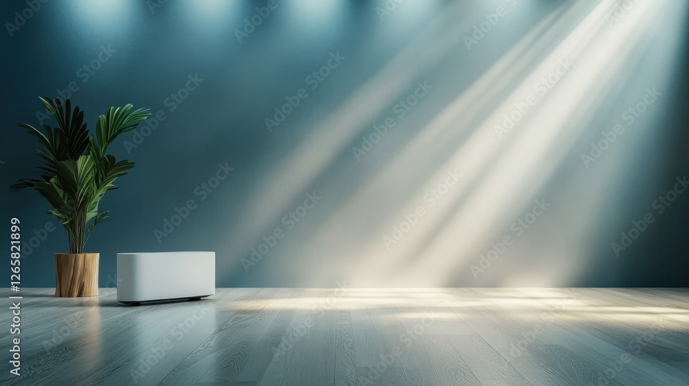 Poster a serene interior space with soft natural light illuminating a potted plant, creating a calming atmo