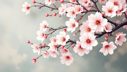 Obraz premium Delicate Pink Cherry Blossoms Blooming on Branches Against Soft Blue Sky