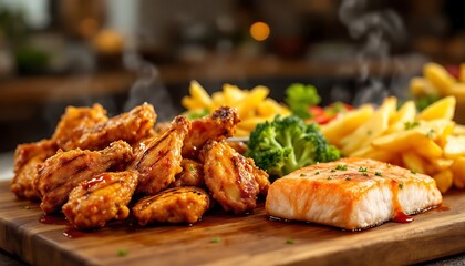 Serving of Chicken Wings, Salmon, and Fries on Wooden Cutting Board