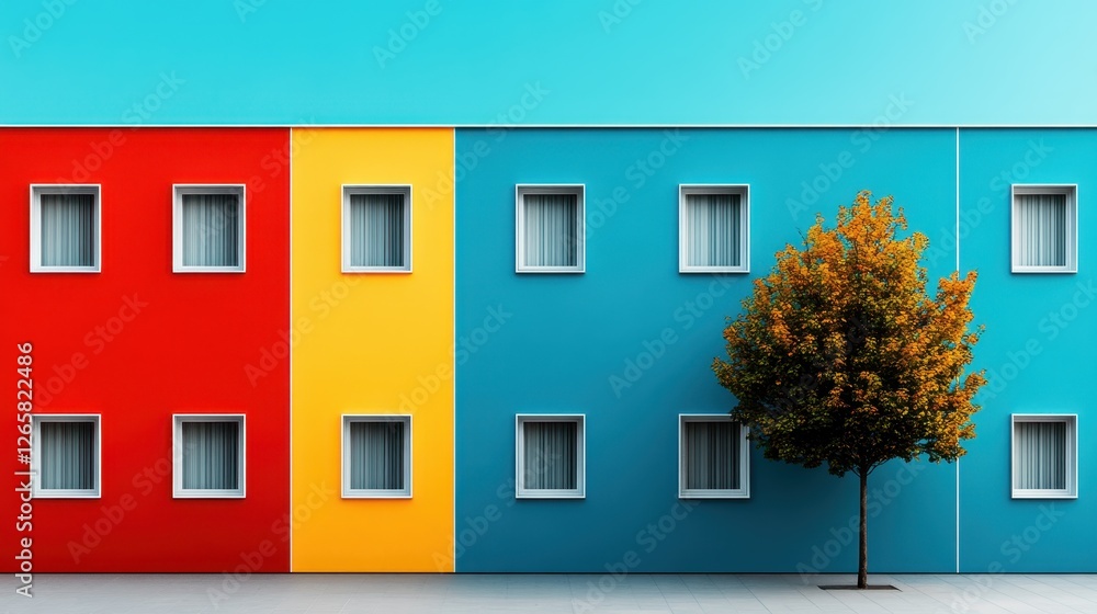Poster this image captures the essence of modern architecture with a colorful wall display complemented by 
