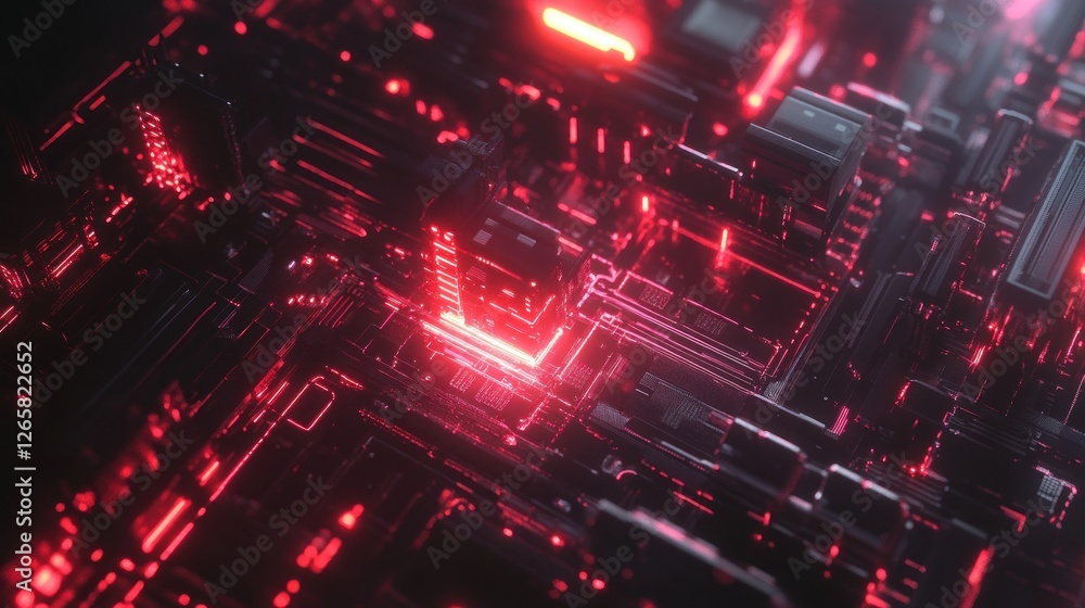 Poster red circuit board: the heart of modern computing and technology network