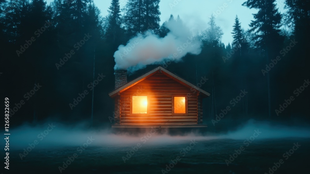 Poster a charming log cabin emits warm light into the misty night, surrounded by towering trees, creating a