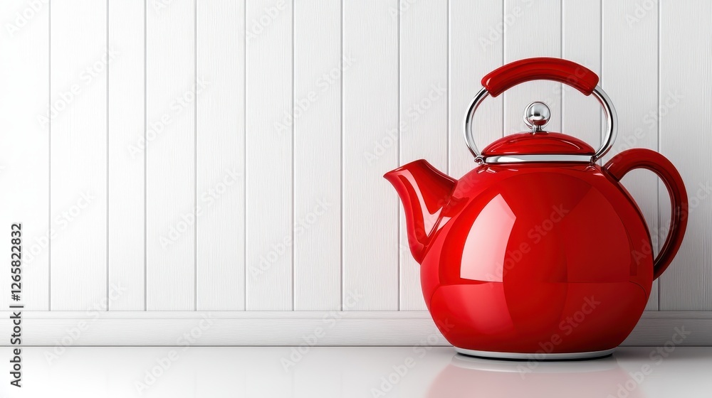 Poster a striking red kettle positioned on a minimalistic background, emphasizing its shiny surface and ele