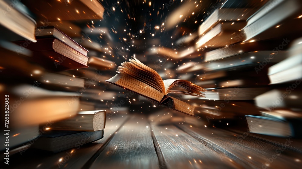 Poster an open book levitates in a mystical library surrounded by glowing sparks and floating books, captur