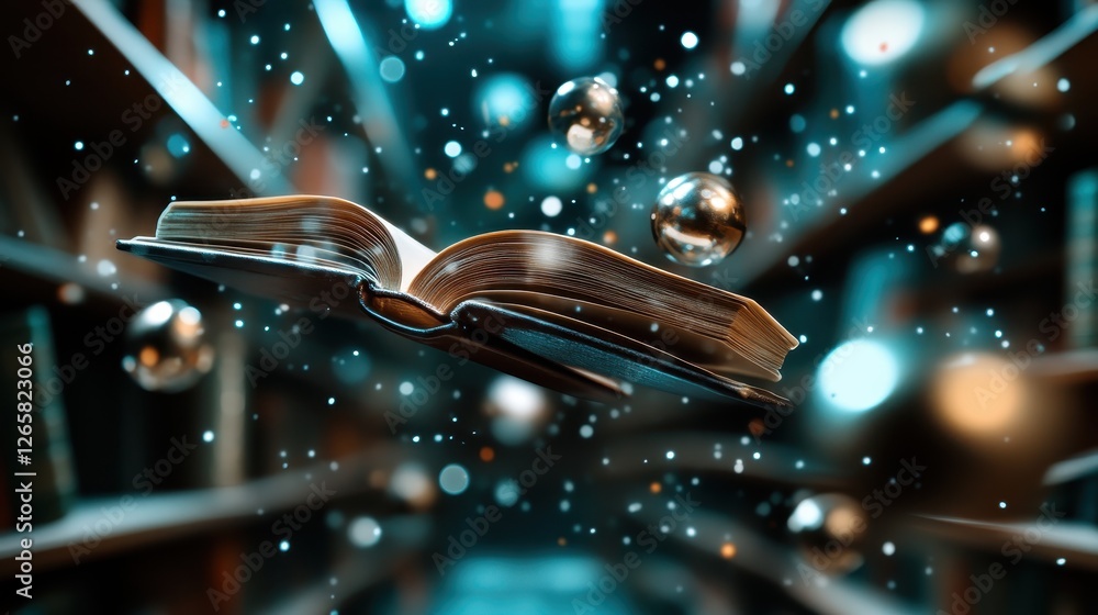 Poster a floating open book, surrounded by sparkling bubbles in a vibrant glow, evokes a sense of wonder an
