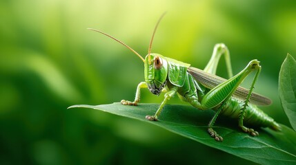 A close-up of a grasshopper sitting on a leaf, surrounded by greenery. The vivid colors and sharp details capture the essence of life in nature and its intricate beauty.