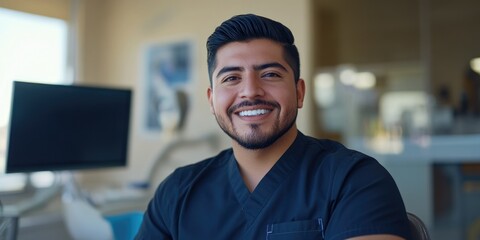 Obraz premium Professional male dentist, smiling at camera, in office setting with monitor, keyboard, and window.
