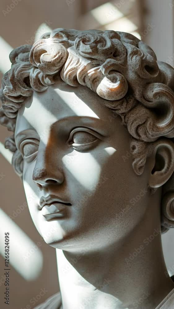 Poster sculpture of a classical figure illuminated by soft light in a gallery setting