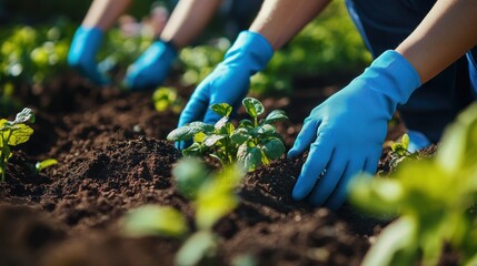 Closeup view of hands of gardener working in field planting flowers.