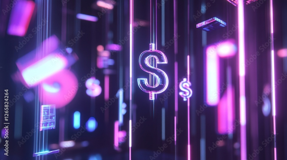 Poster cyberpunk currency: digital dollar signs and floating data streams