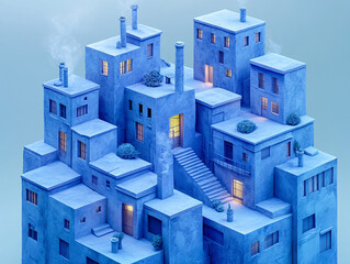 Fototapeta premium surreal, abstract cityscape with buildings made of blocks in shades of blue and purple. The buildings are interconnected by staircases and pathways