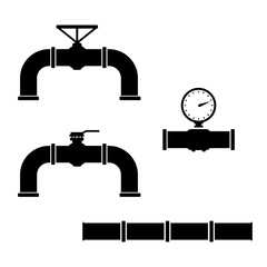 Valve, Pressure gauge industrial Pipeline Icons for Gas, Sewage, Water, Steam or oil industry  - Black Silhouette illustration Vector
