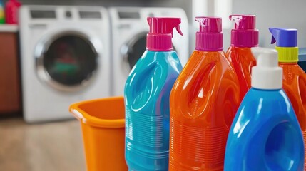 Colorful cleaning supplies in a laundry room with appliances
