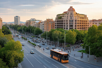 Obraz premium Urban landscape with city bus and busy streets during sunset in vibrant neighborhood