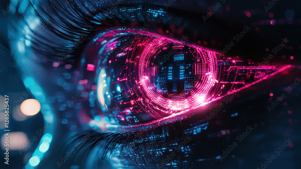 Poster cybernetic eye illuminated by neon colors with intricate digital circuitry in a futuristic setting