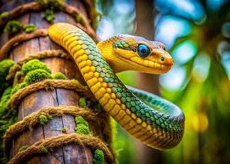 Fototapeta premium Golden Tree Snake Climbing Coconut Tree Trunk - Close Up Pit Viper Double Exposure