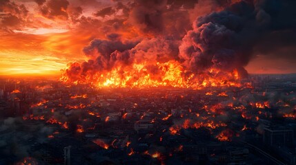 Fototapeta premium Fiery Cityscape Inferno at Sunset