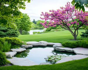 Serene pond with pink blossoms in lush garden, tranquil nature scene for retreat