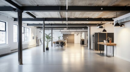 Fototapeta premium Modern warehouse interior with clean lines and open space, showcasing industrial simplicity and functional design.