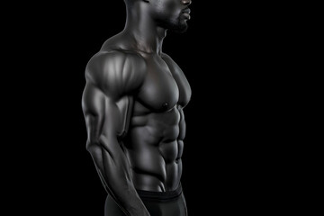 Fototapeta premium Side profile of muscular black man flexing in studio with black background