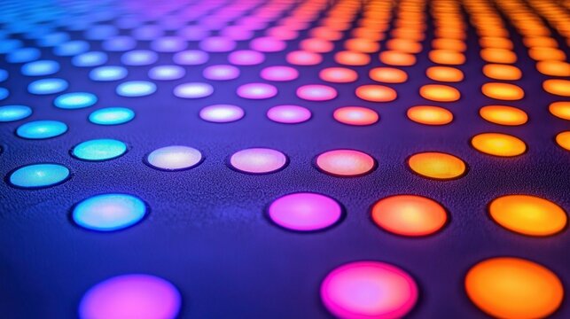 Colorful array of bright LED lights arranged in rows on a dark surface for display