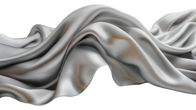 Silver Silk Fabric Drape Smooth Wave Texture, Shiny Grey Design for Backgrounds, isolated on transparent background.