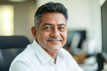 Obraz premium A cheerful man smiling at the camera, dressed in a white shirt and sitting behind a desk with computers.