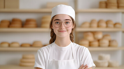 Smiling baker woman poses in bakery shop with bread on shelf for ad or promo
