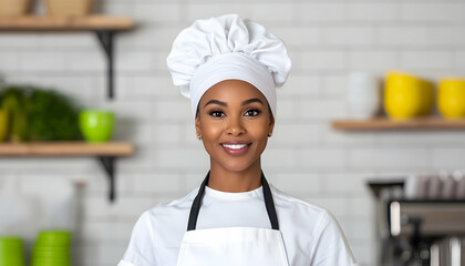 Smiling Chef in restaurant kitchen preps food. Culinary school brochure image