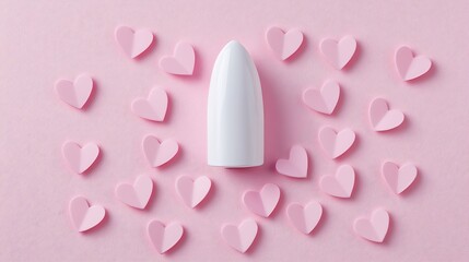 Fototapeta premium White Bottle Surrounded By Pink Hearts On Pink Background