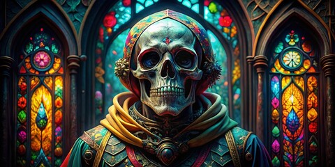 Gothic Skeleton Portrait, Stained Glass Window Art, Dark Fantasy Photography