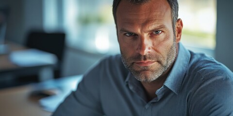 Naklejka premium A man in a business suit looking serious in an office setting.