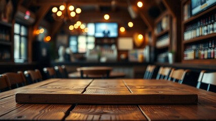 Empty wooden table rustic and blurred background of bar or pub For product display High quality phot