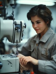 Personalized sewing machine, female worker focused on task.