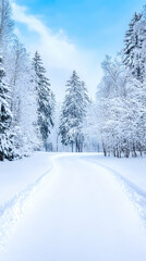 Snowy road through a forest under bright sky. For travel ads, winter seasonal