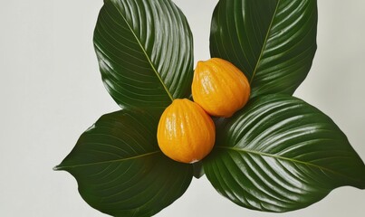 Yellow fruits nestled in green leaves on white.  Tropical still life for food blog or health website