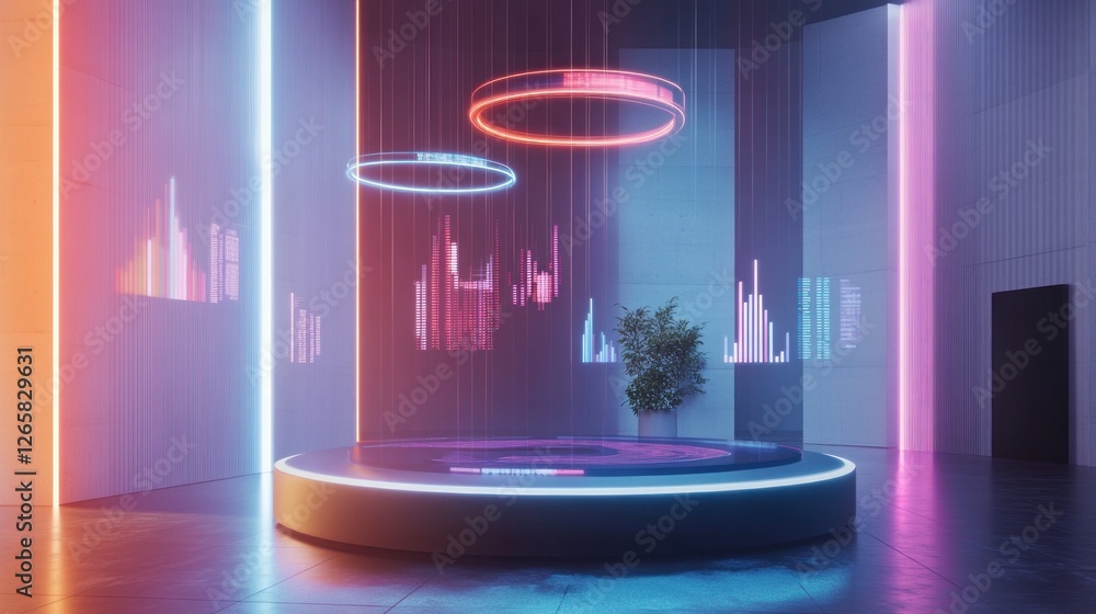 Poster futuristic stage with neon lights and holographic data visualization display