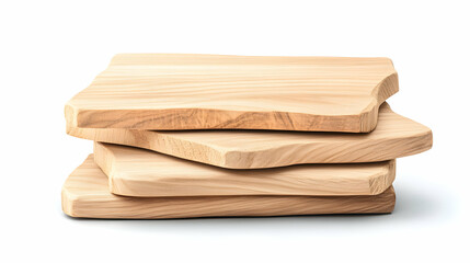 Stacked wooden cutting boards on white background. Food prep or serving surface
