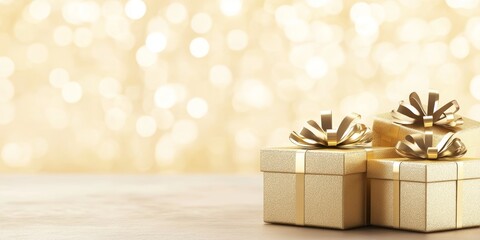 Elegant Gold Gift Boxes with Bows on Sparkling Bokeh Background for Holidays and Special Occasions