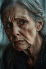 Woman, aged 70+, examines her life with worry and sadness.