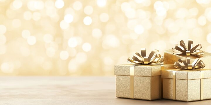 Elegant Gold Gift Boxes with Bows on Sparkling Bokeh Background for Holidays and Special Occasions