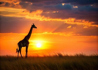 Graceful Giraffe Silhouette at Sunset, African Savanna Minimalist Photography