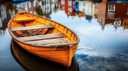 Obraz premium Orange rowboat on canal, reflecting colorful European buildings