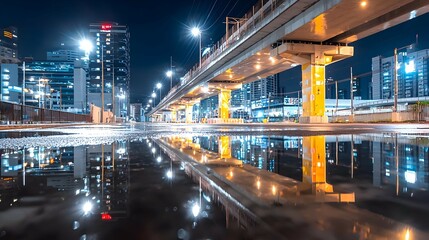 Obraz premium Night Cityscape with Reflections in a Puddle