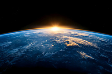 Sunrise view from space. Cloud cover over the Earth's horizon with sun burst