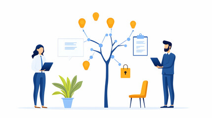 Team analyzes data tree with locked security to improve work process in office