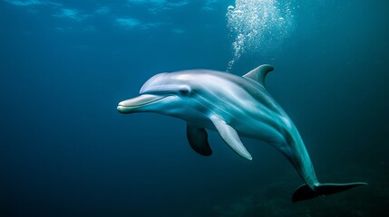 Fototapeta premium Diver's Serene Encounter with a Dolphin in Deep Ocean Blues