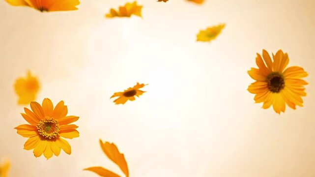 Smooth dolly, orbiting, falling delicate orange marigold petals video, soft, diffused light, creating a circular glow, softly blurred background, multi-perspective view