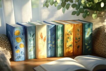 A vibrant collection of books with watercolor-style covers rests on a cozy reading table, bathed in warm sunlight. A soft ambiance invites leisurely reading and relaxation